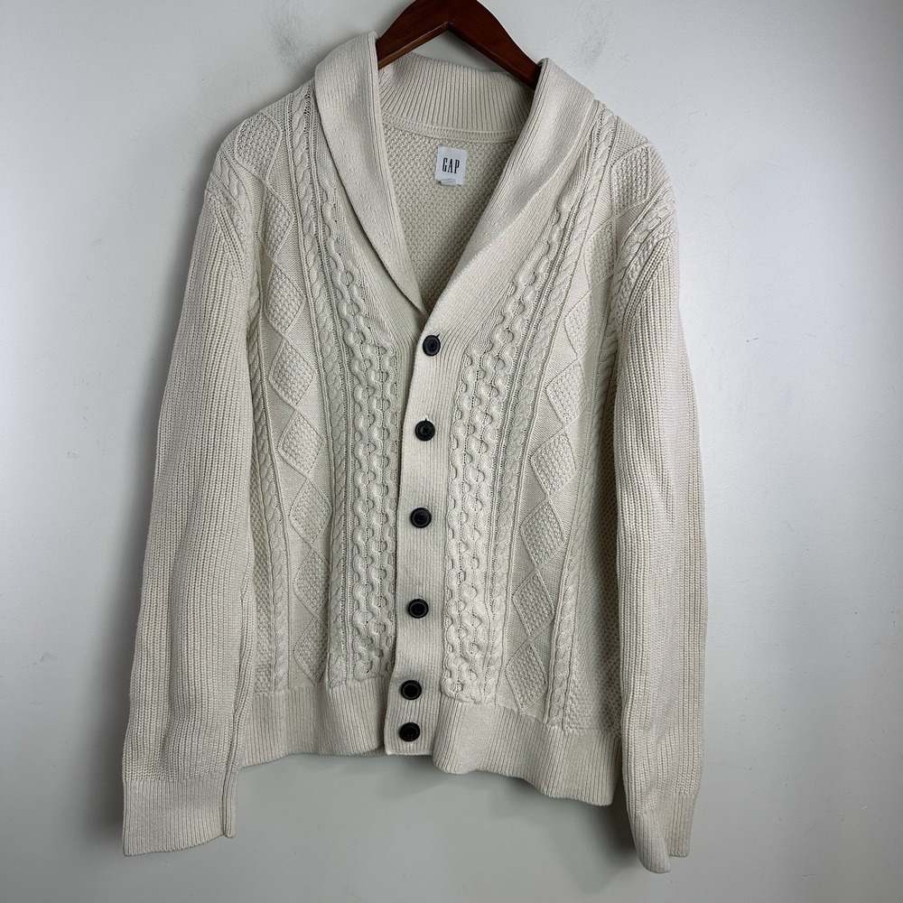 GAP Cardigan Sweater Mens Medium Shawl Collar Chunky Knit Grandpa Cotton Cream